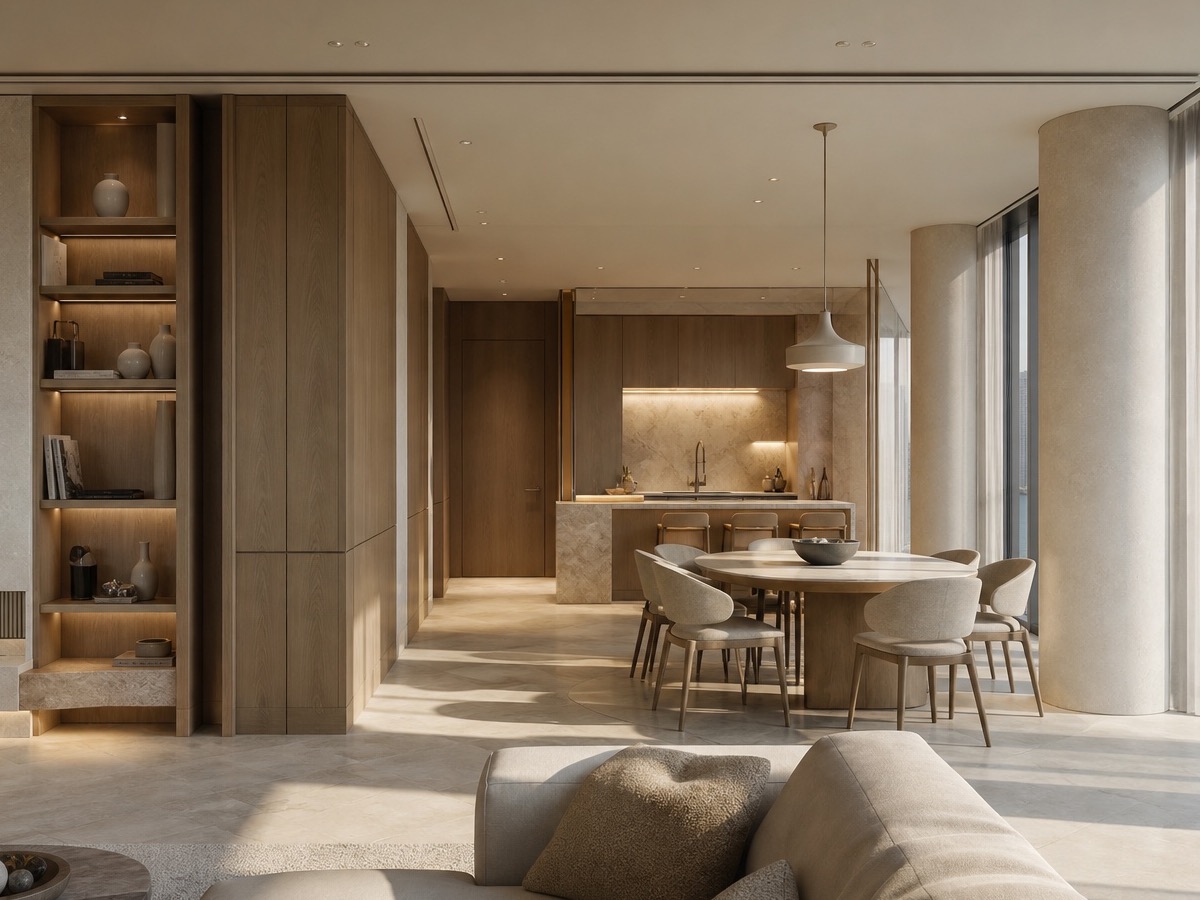 Residential living and dining environment with tailored joinery