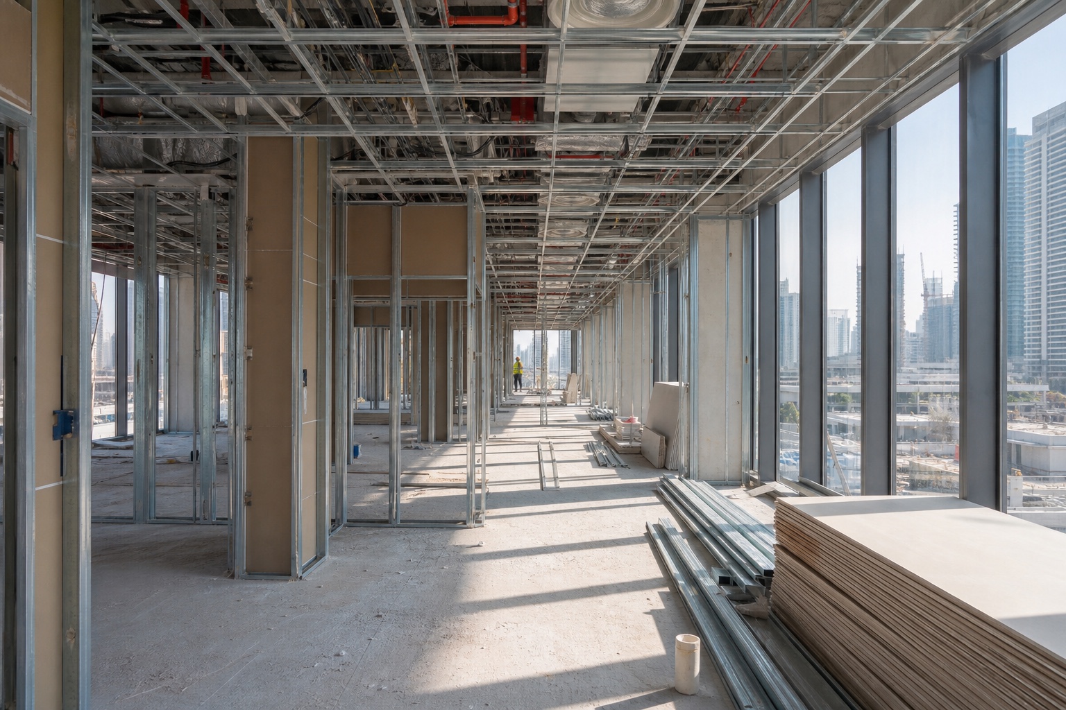 Interior civil and partition works progressing within a commercial building