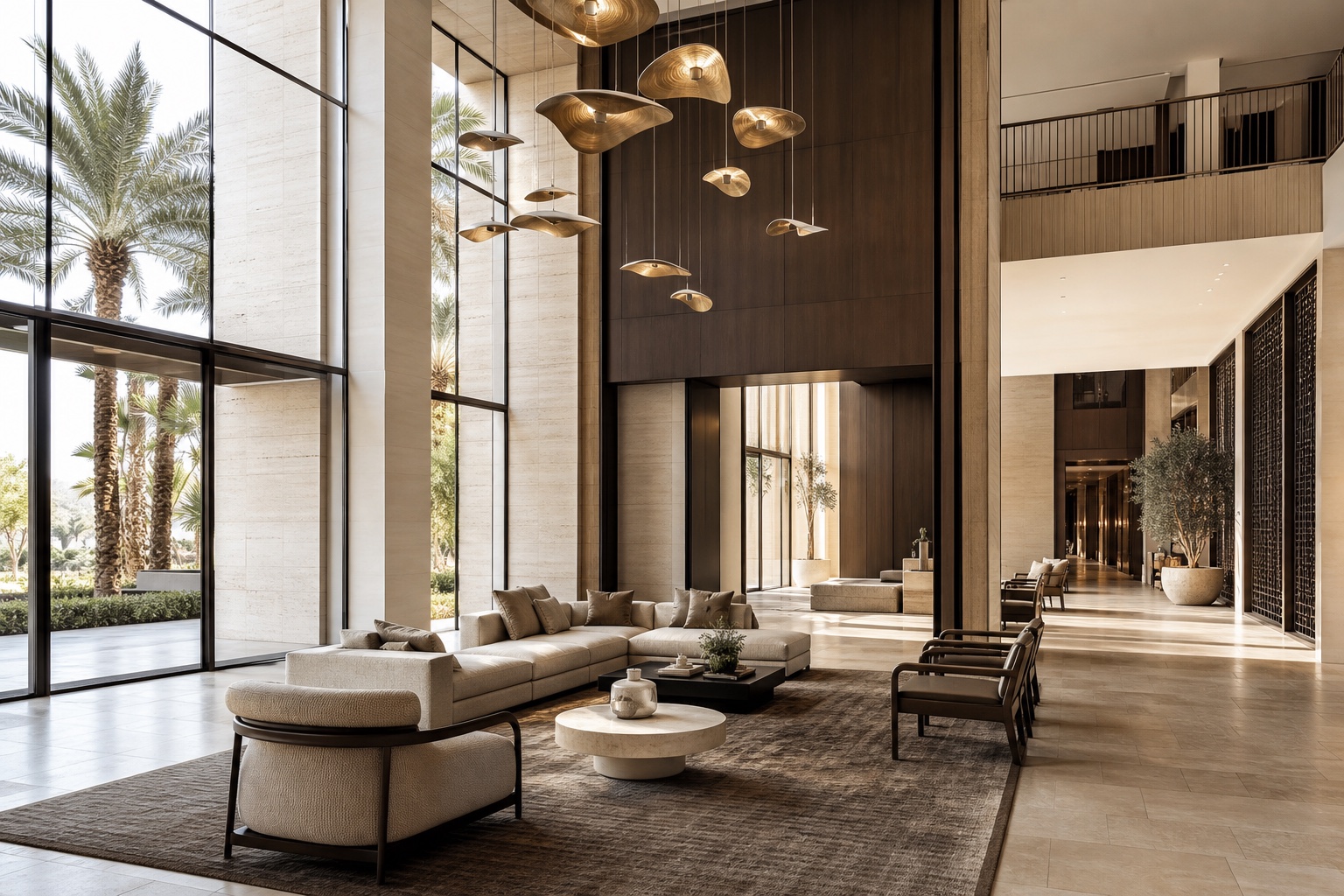 Hospitality lobby with high-volume glazing and feature lighting