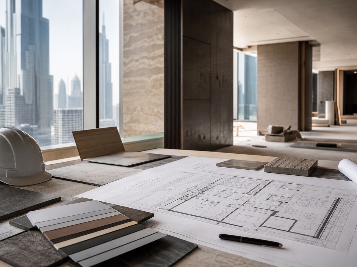 Architectural finish samples and technical drawings under review