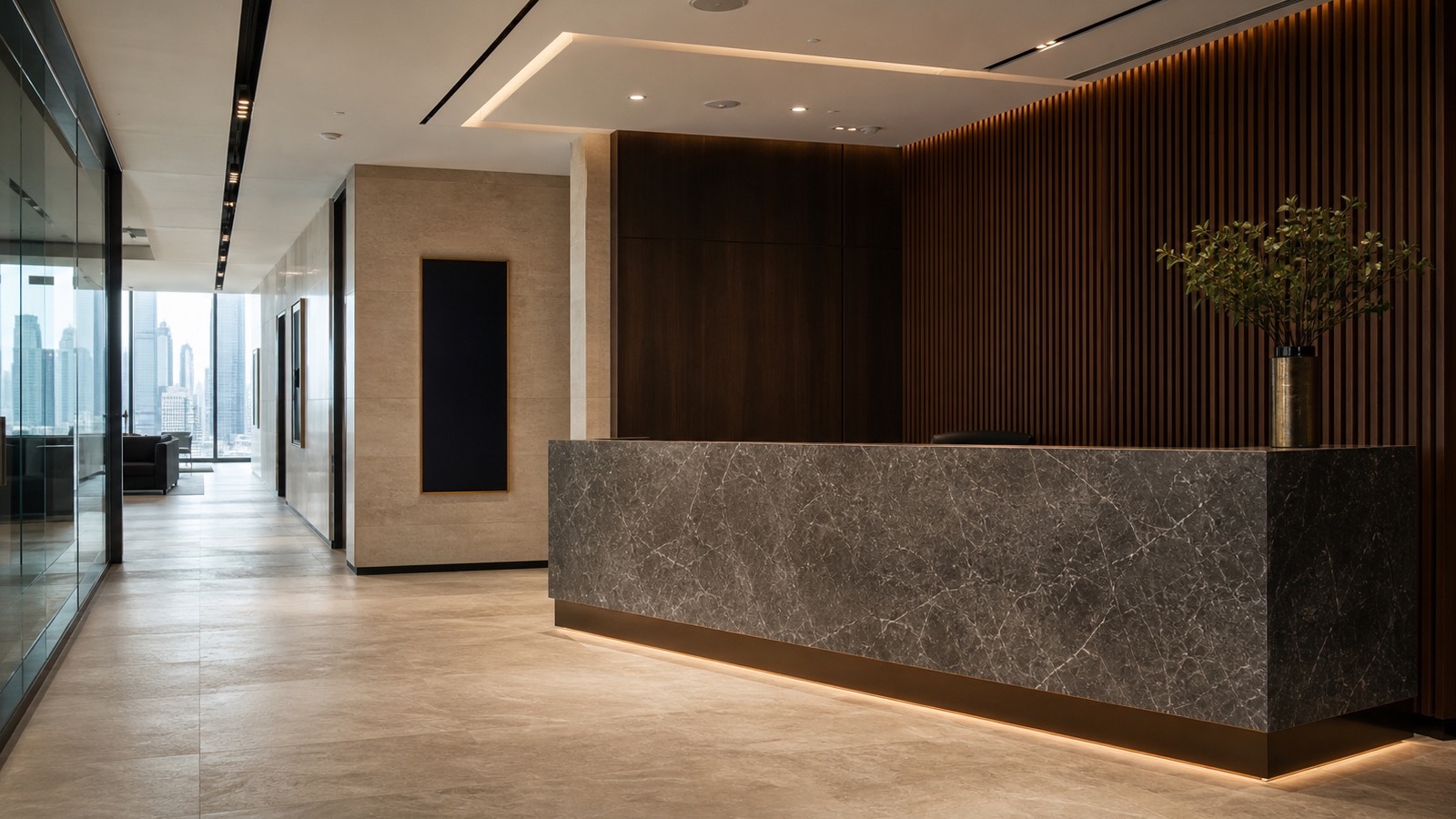 Corporate reception with integrated lighting and joinery